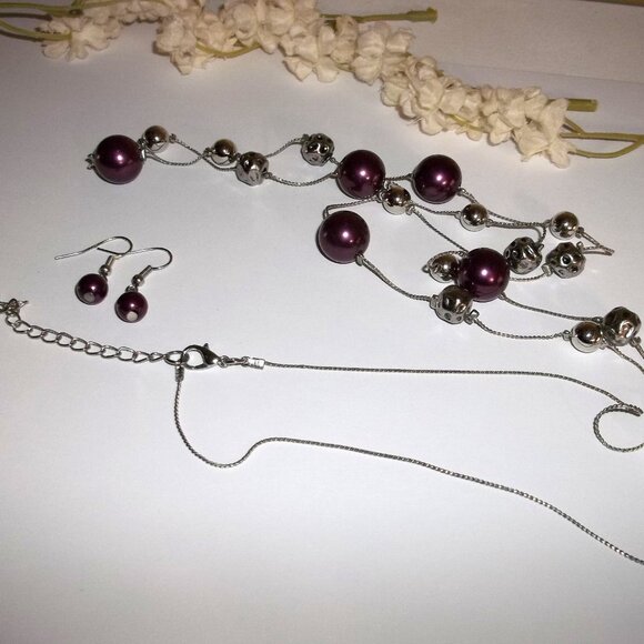 Eggplant Purple Faux Pearl Jewelry Set Long Necklace Earrings Set Lot Pair D183 - Picture 4 of 7
